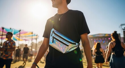Man wearing holographic fanny pack at outdoor festival with sun flare