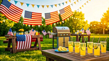 Summer american patriotic outdoor picnic with lemonade, barbecue grill, flags and decorations for usa independence day party