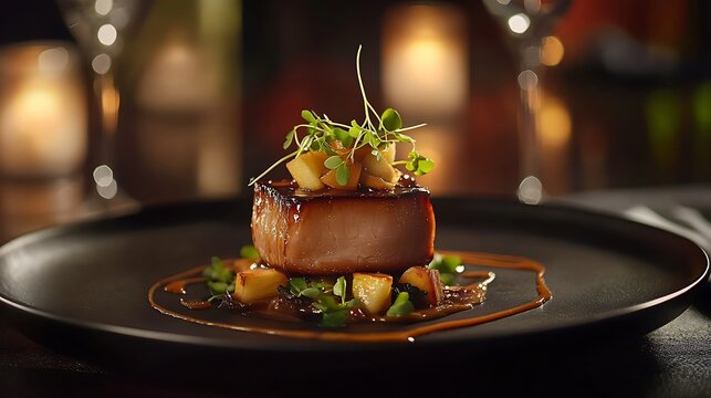 Seared pork belly with rich glaze, microgreens, diced fruit on dark plate against warm blurred restaurant background creating luxurious fine dining scene for menus culinary blogs lifestyle ads