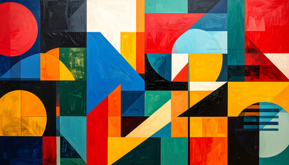 A vibrant and dynamic abstract composition of colorful, overlapping geometric shapes and forms.