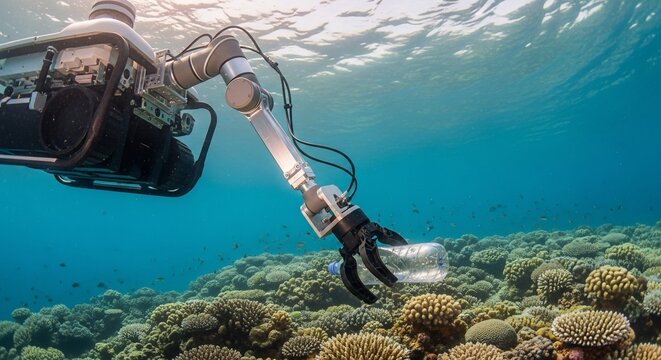 Underwater robot arm collects plastic bottle from vibrant coral reef ecosystem