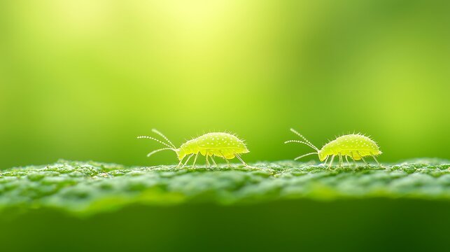 Tiny green aphids clustered on a textured leaf surface