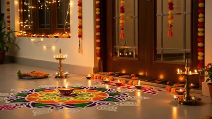 Diwali decorations with a colorful rangoli and lit oil lamps. Traditional Indian festival of lights celebration at home entrance.