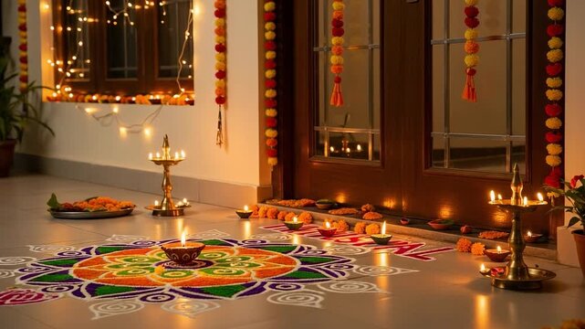 Diwali decorations with a colorful rangoli and lit oil lamps. Traditional Indian festival of lights celebration at home entrance.