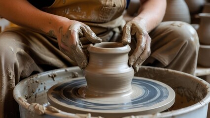 Hands shaping clay on pottery wheel