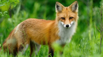 Fototapeta premium Stunning Close-Up of a Beautiful Red Fox with Lush Green Background in a Natural Habitat, Capturing Grace and Wildness in Nature's Splendor