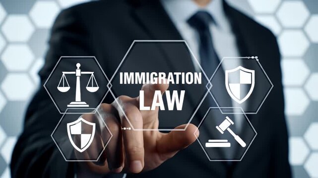 Businessman in Black Suit Touching Immigration Law Interface with Futuristic Hexagon Background and Justice Legal Icons Displayed