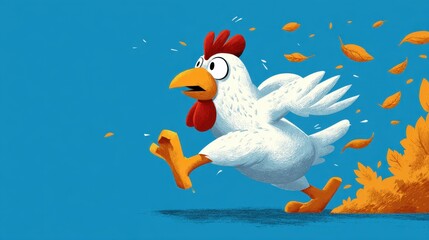 Animated chicken running away from colorful autumn leaves in a whimsical, vibrant scene perfect for children's content, illustrations, or playful design themes