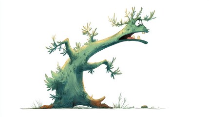 Fototapeta premium Surprised Cartoon Tree Character with Funny Expression and Quirky Features Set Against a White Background for Creative Projects