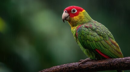 Colorful parrot perched on a branch surrounded by lush greenery and gentle rain, showcasing vibrant feathers and striking features in a tropical habitat