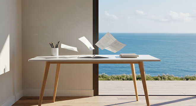 Minimalist home office desk with papers flying away in the wind against a serene ocean view, symbolizing freedom and work-life balance.