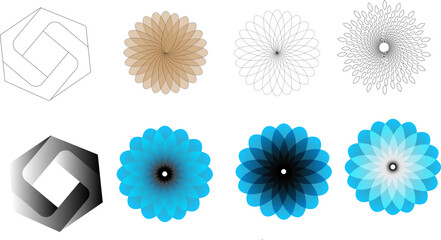 set of abstract flowers and cube