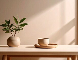 Obraz premium Minimalist Interior with Green Plant and Ceramic Ware on Wooden Table