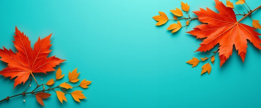 Bright vibrant autumn leaves on delicate branches against turquoise background