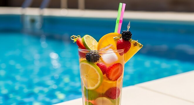 Refreshing summer fruit cocktail by the poolside inviting vibrant relaxation