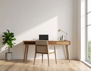 Modern Minimalist Home Office with Laptop and Plant