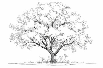 Basic outline drawing of a tree with leaves and a bird sitting on a branch, simple line art coloring page for kids