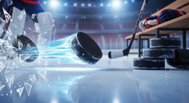 Dynamic ice hockey puck collision with shatter effects in a vibrant arena scene
