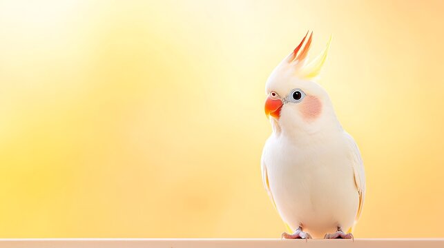 Adorable white cockatiel perched against a soft yellow background