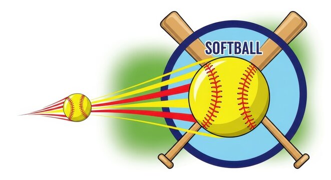 Dynamic softball game emblem with speed lines and crossed bats and ball illustration