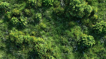 Obraz premium A dense, green forest with various plants and trees, including ferns and bushes, set against a backdrop of blue sky and green foliage.