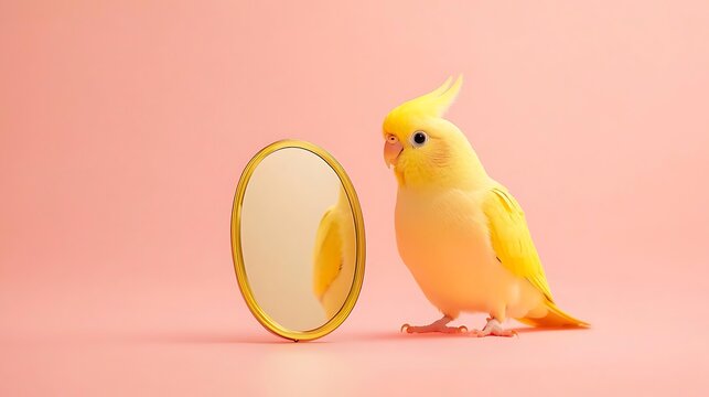 Yellow parrot looks at itself in a golden framed mirror