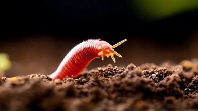 Bright pink millipede emerges from dark soil