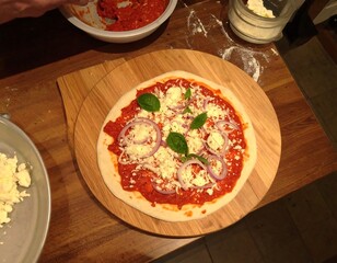 Pizza preparation on wooden board