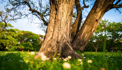 Sunlight-drenched park trees