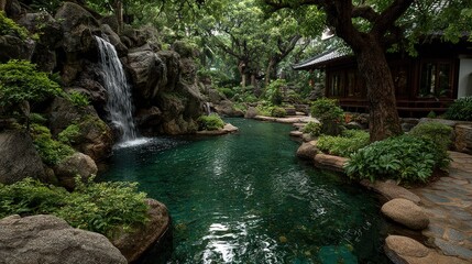 Tranquil waterfall cascades into pond in meticulously landscaped Asian garden setting.