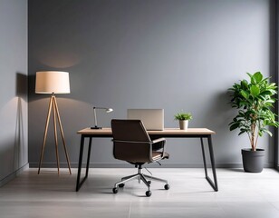 Modern Minimalist Home Office Interior with Grey Walls