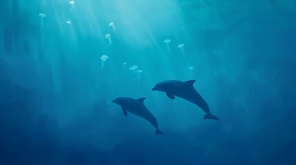 Obraz premium Two dolphins swim together in sunlit ocean depths