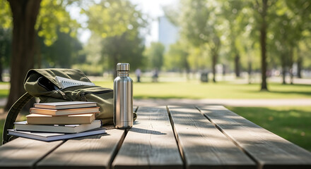 Books and water bottle on a wooden picnic table in a park.
