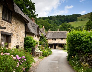 Fototapeta premium Quaint village street lined with stone cottages and thatched roofs under a partly cloudy sky