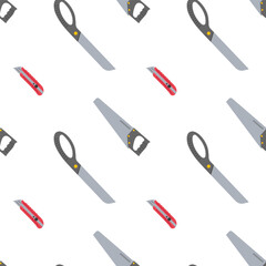 Various hand tools including saws and utility knives displayed in a repeated pattern