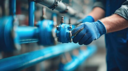Worker fixing industrial pipe fitting