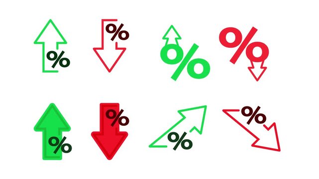 Percentage increasing and decreasing animated icons on white and blue backgrounds