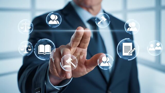 Businessman Touching Digital Icons Representing Legal Concepts Law Court Justice System and Compliance Regulations in a Modern Corporate Setting