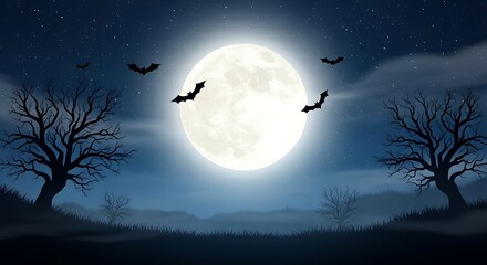 Naklejka premium Eerie Night Scene with Full Moon Bats and Bare Trees