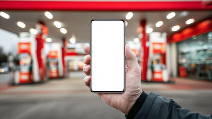 給油所前でスマホ画面を提示する手