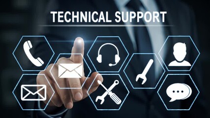 Businessman Touching Technical Support Icons On Blue Screen Wearing Black Suit in Dimly Lit Studio With Technical Support Text Overlay - Powered by Adobe