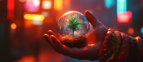 hands holding a glowing crystal ball with a colorful shamrock inside, mystical atmosphere, vibrant neon lights, detailed, cinematic, fantasy, highly detailed, digital art
