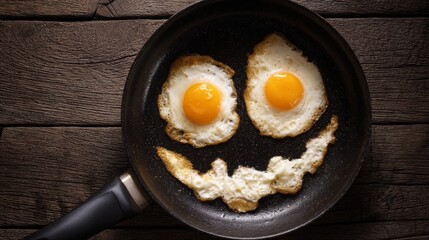 Two sunny-side-up eggs are arranged on a frying pan to create a smiling face