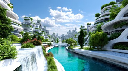 Fototapeta premium Futuristic city, landscape with urban buildings, waterfalls, and lush green trees, offering a glimpse into a utopian vision