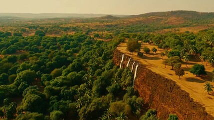Stunning aerial view of lush green forest and waterfall cascading down cliffside beauty  of nature