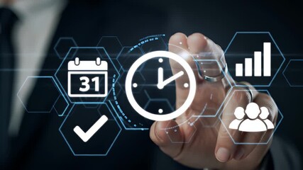 Finger Tapping on Holographic Screen Displaying a White Calendar Icon Time Clock Business Team and Graph with Dark Navy Suit Against a Black Background - Powered by Adobe