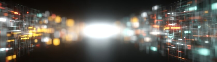 An abstract nocturnal cityscape captured in a mesmerizing blur of motion and vibrant light trails evoking the dynamic energy of urban life after dark.