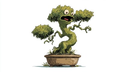 Quirky Cartoon Bonsai Tree with Expressive Face and Playful Features in Vibrant Green Color against a Plain White Background