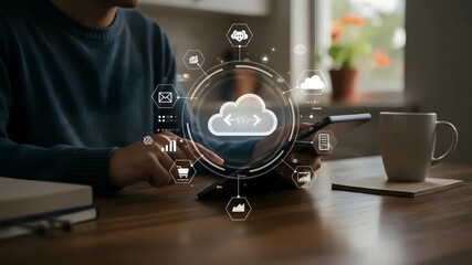 A person uses a tablet displaying a cloud interface with interconnected icons - Powered by Adobe
