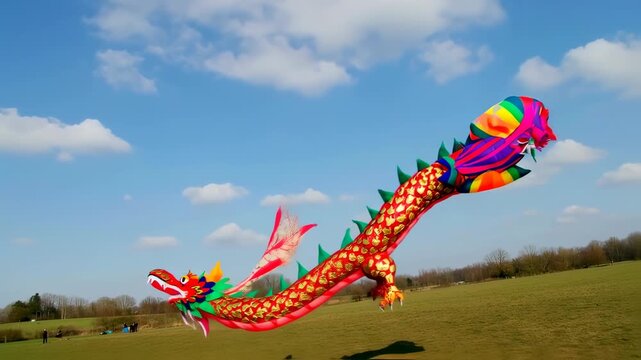 Vibrant Chinese dragon kite soars high against a backdrop of scattered clouds